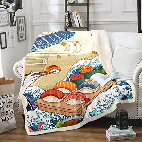 Homemissing Coperta in pile sherpa con motivo di sushi, in giapponese, per sushi, coperta in pile, per letto singolo, 150 x 150 cm