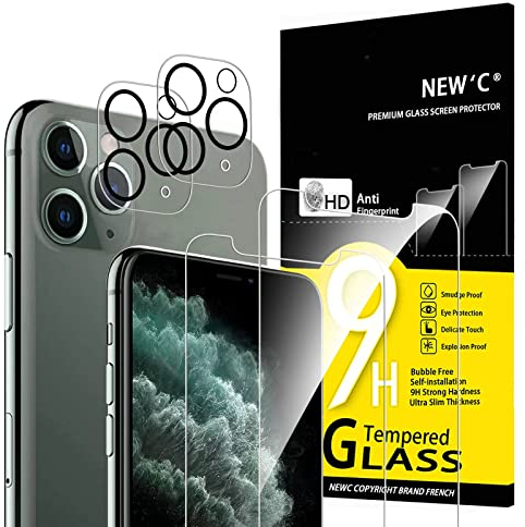 NEW'C 4 Pack, 2 Pack for iPhone 11 Pro Max Screen Protector + 2 Pack Camera Lens Protector, Sensor Protection,Case Friendly Tempered Glass Film