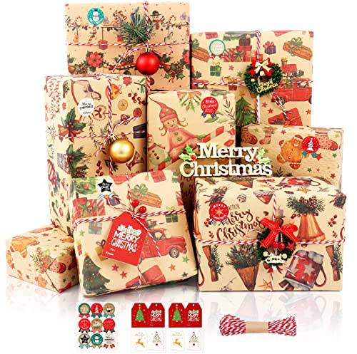 Christmas Wrapping Paper, 8 Sheets Brown and Colorful Kraft Xmas Wrapping Paper Set with Tags Stickers and Rope, Recyclable Gift Wrap Paper for Christmas New Year Winter Holiday Party, 50x70CM