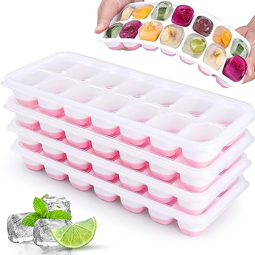 JRISBO 4 Piezas Cubiteras para Hielo con Tapa, Moldes de Cubitos Hielo Silicona Sin BPA y Certificado LFGB, Fácil Extracción Apilables Bandeja Cubo Hielo Whisky Cola Congelado
