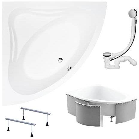 KOLMAN Badewanne MIA Eckbadewanne 130x130 mit Styroporverkleidung, Ablaufgarnitur und Füßen Komplettset 4in1 Premium Original Acryl Wanne Siphon