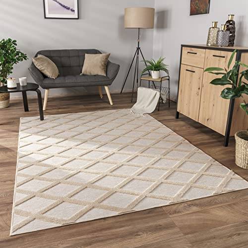 Paco Home Teppich Wohnzimmer Schlafzimmer Kurzflor Modernes Skandinavisches Muster Rauten Motiv Flauschig 3D Grau Anthrazit, Grösse:80x150 cm, Farbe:Beige