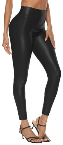Zhiaek Leggings Simili Cuir Femme Taille Haute Haute élasticité Sexy Pantalon Collants en Cuir Noir