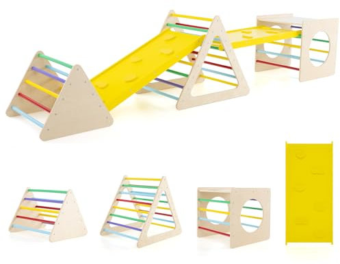 COSTWAY 5 en 1 Juego de Triángulo de Escalada para Niños Montessori, Triángulo de Escalada y Cubo con Tablero de Tobogán, Juego de Parque Infantil de Madera para Mayores de 1 Año