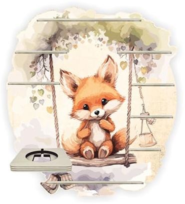Farbklecks-Collection Tonie Regal Schaukelfuchs, Wandregal für bis zu 35 Hörfiguren, Maße 48 x 54 cm, mit speziellem Ablagefach kompatibel mit Toniebox, handgefertigt in Deutschland