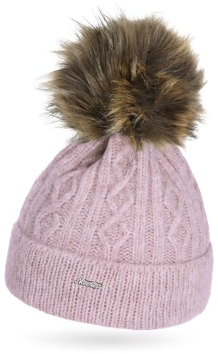 Neverless® Damen Strick-Mütze ohne Futter Fell-Bommel Kunstfell Bommelmütze Zopfstrickmuster Umschlag rosa Unisize
