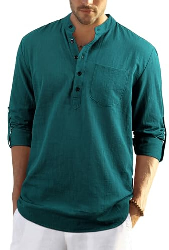 Enlision herr vardaglig långärmad bomullsskjorta, buttondown, sommar, lätt, Henley skjorta, toppar., Skogsgrön, XL