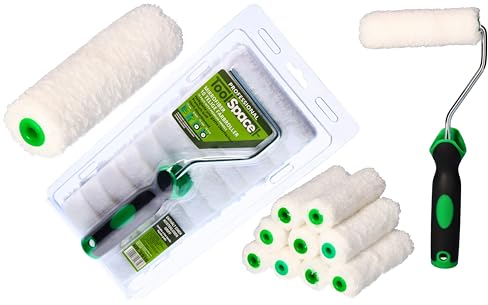 ToolSpace 10 x Rouleau de Peinture Lot - 11 cm Mini Rouleaux Microfibre - Manchon avec Poil Long - Patte Lapin avec Manche pour Peindre Rénovation Lasure Application - Intérieur Décoration Murale