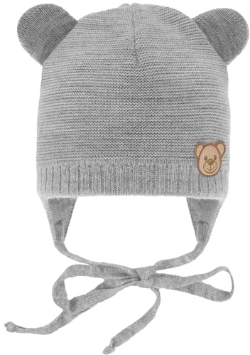 CiuchCiuch Baby Mütze Bär zum Binden mit Ohren - Wintermütze Erstlingsmütze Bindebänder - Acryl Baumwollfutter Neugeborenen 0-24 Monate - Ergonomische Zweilagige Strickmütze