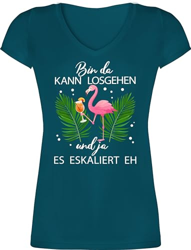 T-Shirt Damen V Ausschnitt - Karneval & Fasching - Bin da kann losgehen und ja es eskaliert eh I Flamingo Kostüm Lustig Mallorca - XL - Türkis - flamingoshirt faschingsshirt Faschings Malle Shirts