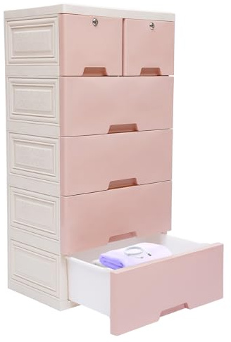 HauTour Komode mit 6 Schubladen Organizer Kunststoffschrank Aufbewahrungsschrank Slide Out Drawer Schreibtisch Unterschrank für Schlafzimmer, Wohnzimmer, Kinderzimmer, Flur 50x35x102cm (Rosa)