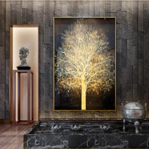 Goldene Pachira Macrocarpa Geldbaum Kunst Leinwand Malerei Gold Rahmen Bilder für Wohnzimmer Fotodruck Home Decor 90 x 140 cm/35 x 55 Zoll mit goldenem Rahmen