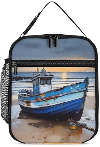 Dwrepo Lunchbox für Damen und Herren, isoliert, weich, blau, Angelboot, Lunchtasche mit Seitentasche, wiederverwendbar, tragbar, für Arbeit, Picknick