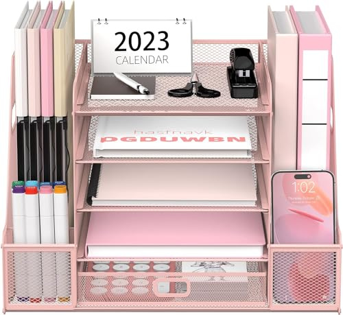 SUPTIDY Schreibtisch Organizer mit Aktenhalter, 5-stufiger Papier Organizer mit Schublade, Mesh Schreibtisch Akten Organizer mit Zeitschriftenhalter für Büro Organizer Schreibtisch-Rosa