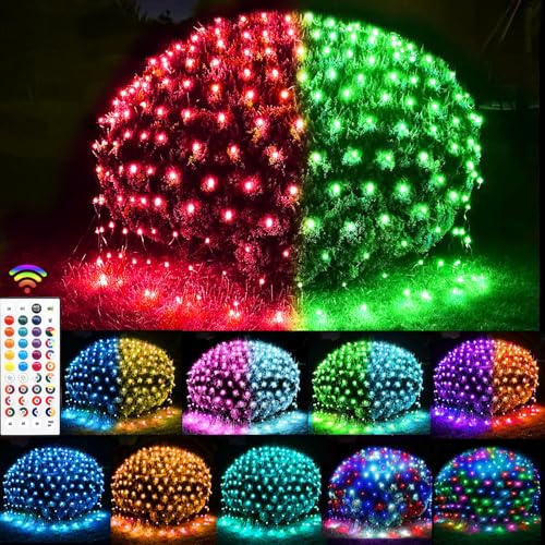 240 LED Net Lights, 35 Colors Changing 4th of July Net Lights Outdoor Clear Wire, 14.8ft x 5ft Connectable Red White Blue Mesh Lights for Bushes Christmas Halloween Holiday Party Hedge Patio Decor