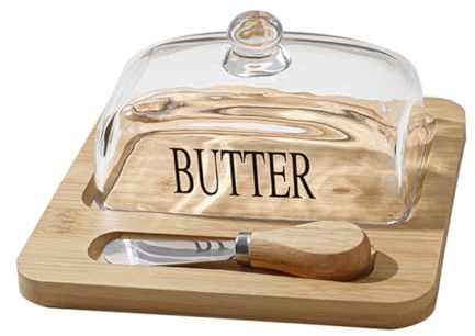 MOLUCKFU 1ensemble Boîte à Beurre Verre Avec Couvercle Support à Fromage Desserts Plateau De Service Bois Avec Trancheur Pour Cuisine