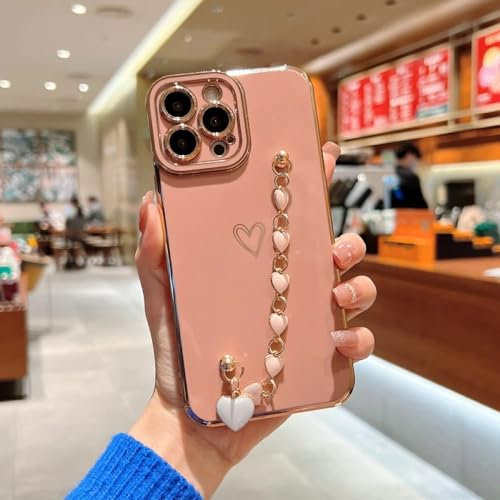 QOAXXVKC Custodia a forma di cuore amore elettrolitico in silicone morbido per iPhone 11 12 13 14 15 Pro Max 15 14 Plus X XR XS Max cover posteriore paraurti braccialetto, rosa, per iPhone 15Plus