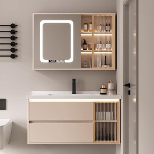 Badmöbel-Set Hängend Mit Keramikspüle,waschbeckenunterschrank Mit Intelligenter Spiegelschrank Und Warm- Und Kaltwasserhähne Waschtischunterschrank Mit 2 Schubladen Verdecktes Griffdesign