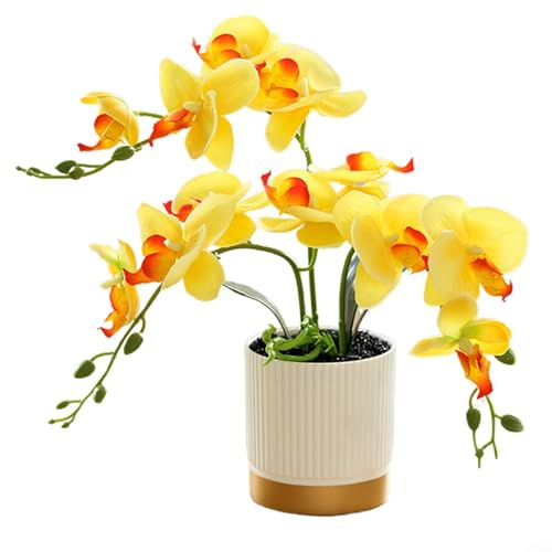 Artificial Potted Orchid Faux Phalaenopsis Silk Flowers,Orchid Plant Pot Arrangements with Gold Bottom Basin(Yellow)