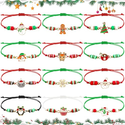 TOPJOWGA 12PCS Freundschaftsarmband Weihnachten, Einstellbare Geflochten Armbänder, Weihnachten Armband, Weihnachtsmann Schneeflocke Armbänder Mitgebsel Gastgeschenke
