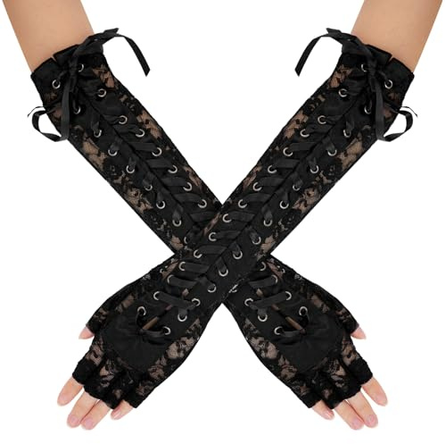 SEAUR Damen Armstulpen Spitze Fingerlose Handschuhe Schwarz mit Schnürung Gothic Punk Lange Handschuhe für Party Cosplay Karneval Halloween