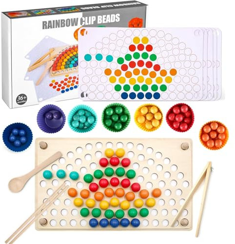 ChaneeHann Holz Montessori Spielzeug,Rainbow Bead Game,Holz Clip BrettspielPuzzle Board,Farben Sortierspiel,Training für Hände,Augen,Gehirn,Geschenk für Kindergartenkinder 3-6 Jahre