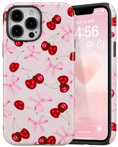 DEFBSC for iPhone 14 Pro Max Cute Hybrid Case, Big Ribbon/Glossy | Pink Bow Cherry Print,Aesthetic Trendy Pattern for Women Girls,Slim Durable Bumper Shockproof Hard Back Phone Cover