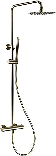 PUFAHAU Shower Faucet with Thermostat, Brushed Gold Shower Mixer Valve Set Bathroom Thermostatic Faucet Wall Mount Shower Arm Diverter with Handheld Spray an