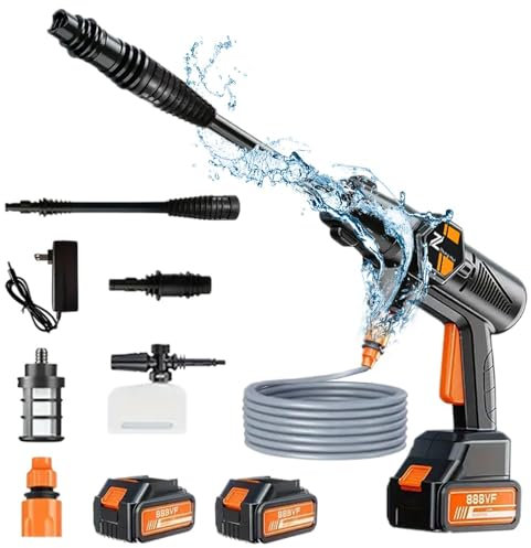 Akku Hochdruckreiniger, 21V Max 100Bar Mobiler Hochdruckreiniger mit 2X 6000mAh Akkus, 5m Schlauch, Schaumkrug, Hochdruckreiniger für Auto, Terrasse, Fenster, Rasen, Pool (mit 2X 6000mAh Akkus)