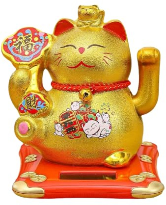 XIZHI Maneki Neko-Solar Winkende Katze, gute Glückskatze auf dem Auto, Schreibtisch oder Nachttisch, für Zuhause oder Büro, Geschenk für Freunde oder Kollegen (Gold)