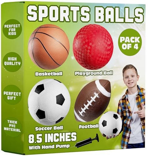 8.5” Sports Balls for Kids & Toddlers - (Pack of 4) Rubber Inflatable Multi-Sport Ball Set - Football, Soccer Ball, Basketball, Playground Ball & Pump - Birthday Gift Toys for Boys & Girls