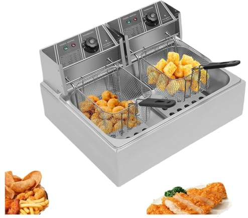 Freidora eléctrica, 3200 W, 12 L, freidora de aceite, doble freidora, rango de temperatura de 60 °C - 200 °C, longitud del cable de alimentación 1,3 m, 2 placas residuales para preparar sabrosos