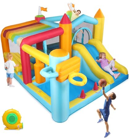 LEADZM Hüpfburg mit Spielzeug-Marktständen (Seite), Aufblasbares Hüpfburg mit Pool, Rutsche, Trampolin, Basketballständer, Boxständer, Aufblasbare Wasserpark mit Gebläse, 356x315x203cm