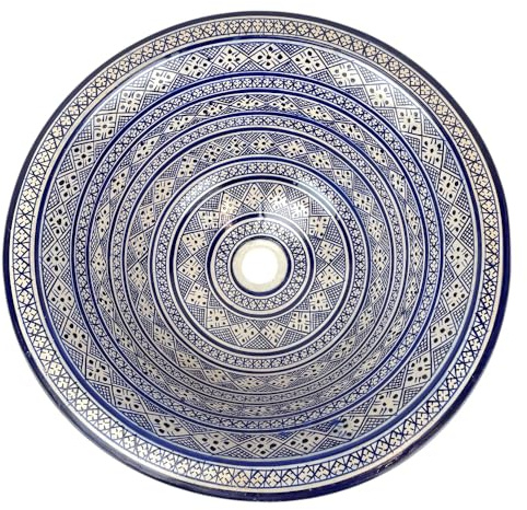 Lavabo marroquí de cerámica pintado a mano, azul y blanco, 50 cm, estilo FES