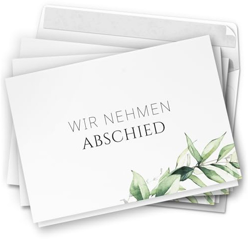 10 Trauerkarten mit Umschlag – Einladung zur Beerdigung oder Trauerfeier | Abschied | Hochwertige Klappkarten zur Todesanzeige – Motiv: Grüne Blätter