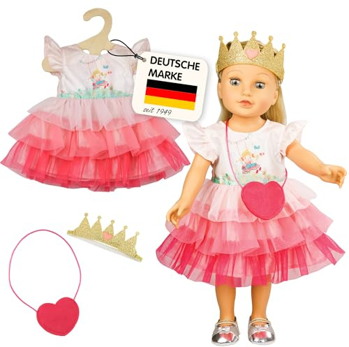 Heless 2580 - Puppenbekleidung, Kleid Prinzessin Emily, in Rosa, mit Herztasche und Krone, für Puppen und Kuscheltiere der Größe 35 - 45 cm