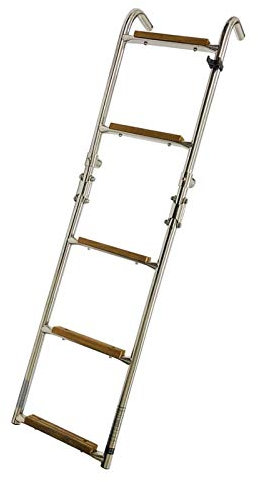 5 Step Boat Ladder, Stainless Steel Pontoon Ladders with Teak Pedal, Folding Rear Entry Inboard Pool Yacht Boarding Ladder