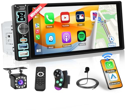 Inefala Autoradio Bluetooth 1 DIN mit Wireless Carplay Android Auto, 1 Din Radio mit Bildschirm 6.8 Zoll, Mirror Link, FM Radio, 2USB, Typ-C, SWC, EQ, Rückfahrkamera, Mikrofon
