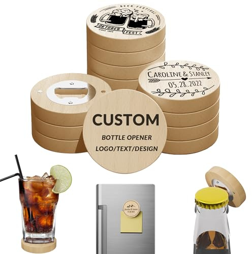 Abridor de botellas magnético personalizado y posavasos a granel, texto/logotipo/patrón personalizable, paquete de 10-100 abrebotellas de madera decorativo personalizado para cerveza, refrescos, bares