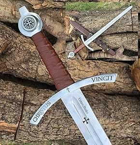 UNIQUE BLADES Christus Vincit Mittelalterliches Templerschwert, 91,4 cm, Hohlkehle, Einhändig, Vollerl, Hochpolierter Kohlenstoffstahl, mit Scheide, Ritter-Replik