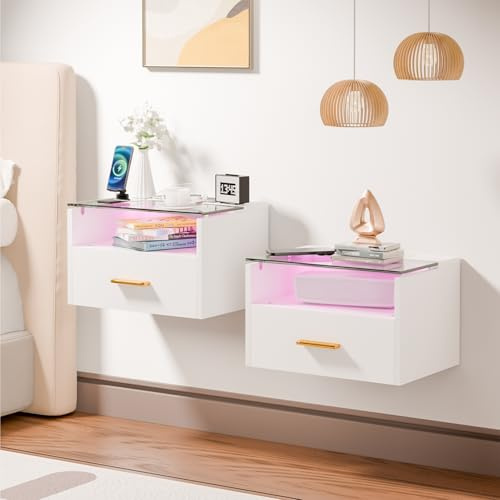 Table de Chevet Lot de 2 Suspendue avec LED RGB, 2 Prises Secteur et 2 Ports USB & 2 Niveaux,Table de Nuit Lot de 2 Suspendue avec un 1 Tiroir,40 x 30 x 30 cm,Convient pour la Chambre(blanc)