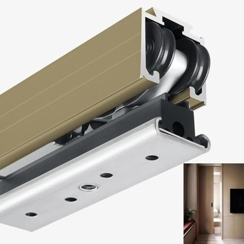 Schiebetür Komplettset Einzelner Soft-Close-Scheunentorbeschlag für Holztüren, Anpassbare Schiebetürschiene mit Spiegel, Versteckte Schiebetürschiene für Raumteiler(Champagne,193cm/76in)