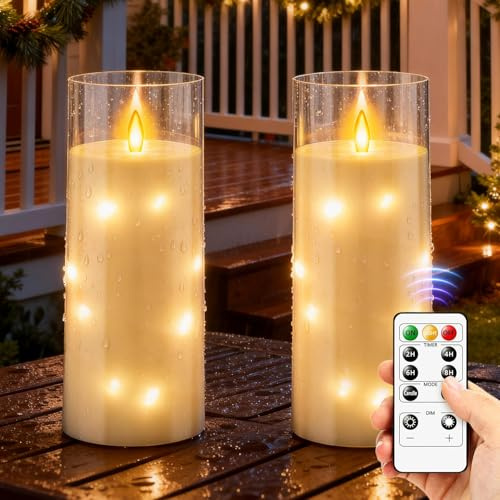 2 Pack Wasserdichte Flammenlose LED-Kerzen mit Fernbedienung und Timer, große AußenAcryl Säulen Kerzen Batterie mit eingebetteten Stern String betrieben, für Halloween Weihnachts Hochzeit Indoor Outd