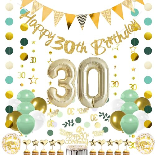 30th Birthday Decorations Party Women - 34 Pcs Gold For 30 Party Decoration | Glitter Happy 30th Birthday Banner Balloons Swirls Circle Dot Twinkle Star Garland Pennant Cake Cupcake Toppers
