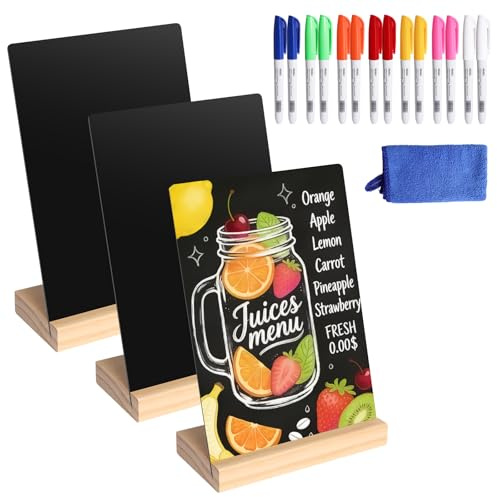 Lot de 3 tableau noir A5 avec Support,Tableaux Synthétiques Réutilisables,Mini Tableaux pour Prix pour Marque-places pour Buffet et Mariage Avec 14 Marqueur(20 x 15 cm)