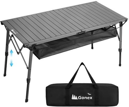 Gonex 50 Camping Table with Adjustable Height Legs for Uneven Ground, Portable Folding Aluminum Roll Up Table with Mesh Pocket for Camping, Picnic, BBQ, Cooking
