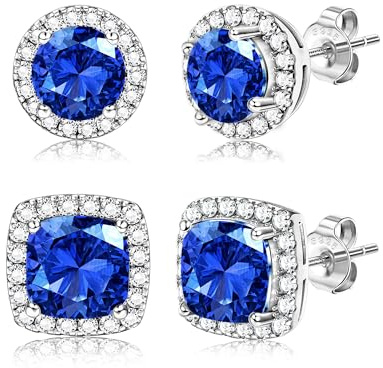 Dochais 2 Pares Pendientes Plata de ley 925 para Hombre Mujer Pendientes Diamante Zirconia Brillante Redondos Cuadrados Oro 14K Pendiente Hipoalergénicos Grandes para Hombres Mujeres Unisex Plata Azul