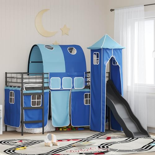sephironlbb Kinder Loftbett Schwarz-Blau 74,5 x 190 cm aus Metall mit Rutsche, Vorhängen und Turm, modernes Spielbett für Kinderzimmer, Robustes Metallgestell