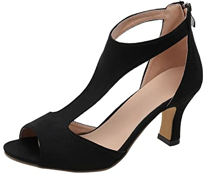 Stiletto höga klackar sandaletter, romerska sandaler damer hög med klack sandaler sommar eleganta svarta sommarskor dragkedja aftonskor öppna dansskor breda H pumps Slingback klackskor