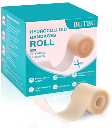 BUTBU Hydrokolloid plåsterrulle 5 x 365 cm, självhäftande vattentät hydrokolloid sårplåster, andas, hudvänlig, ytskydd, för bubblor, akne